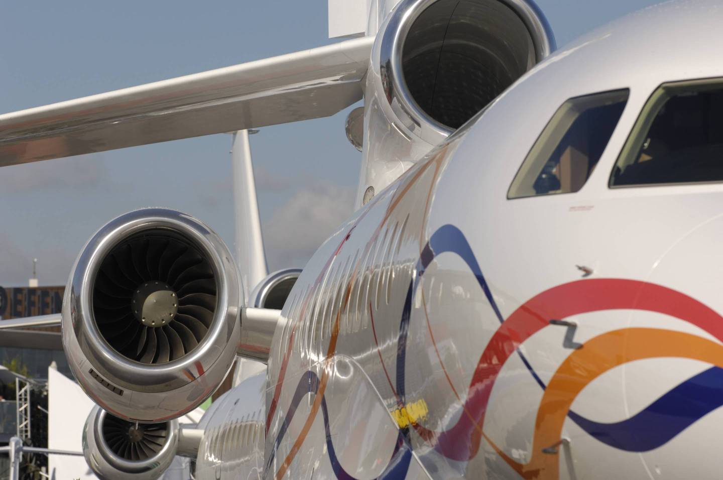 PWC 307A engine intakes and cockpit windows on the Dassault Falcon 7X parked in the static-display at the Paris AirShow 2007 Salon-du-Bourget