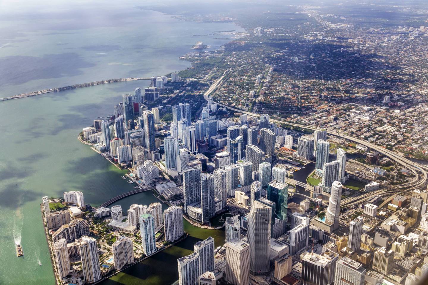 Florida, Miami, window seat aerial view, downtown