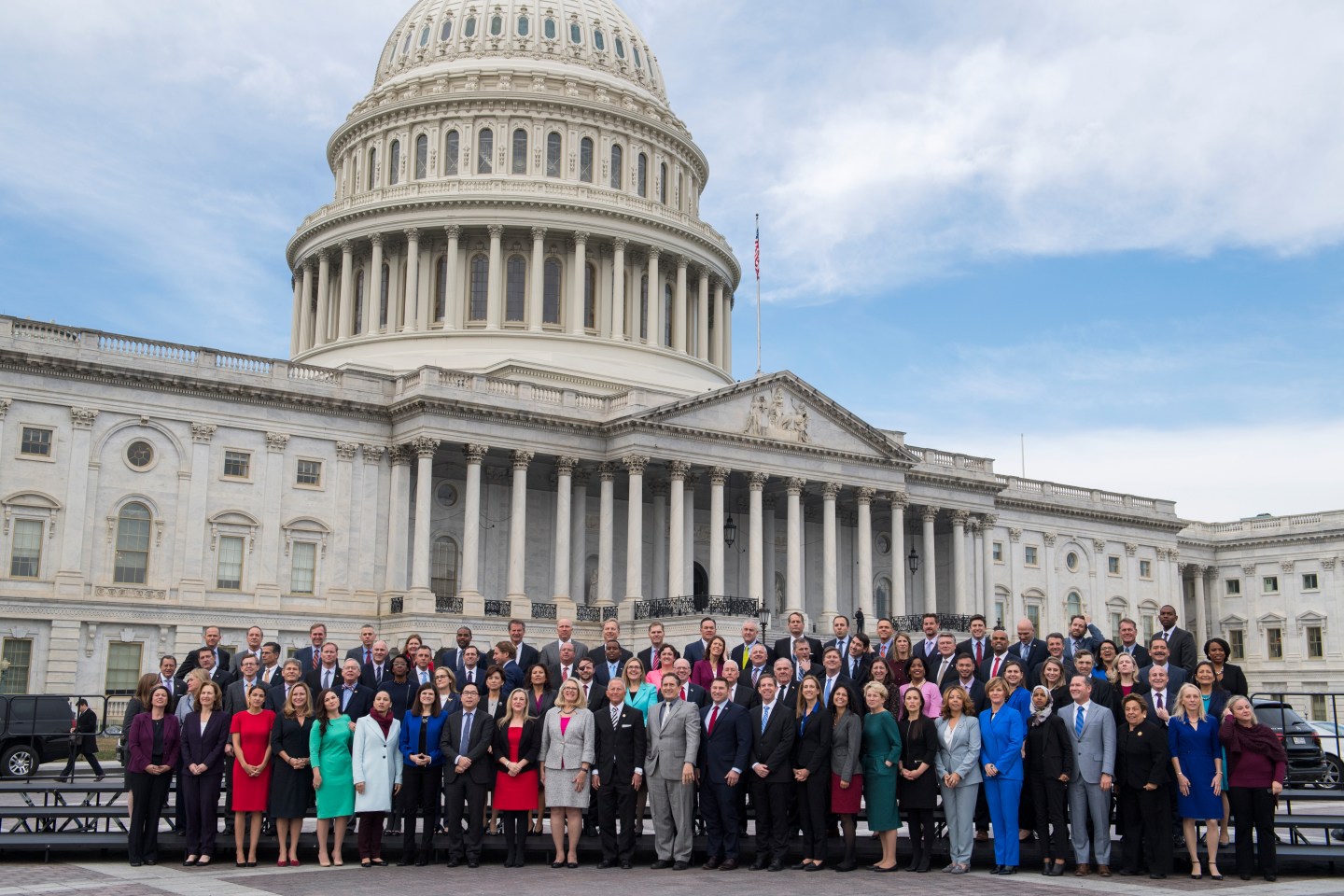 Members-elect from the 116th Congress pose for the freshman class photo on the East Front of the Capitol on November 14, 2018