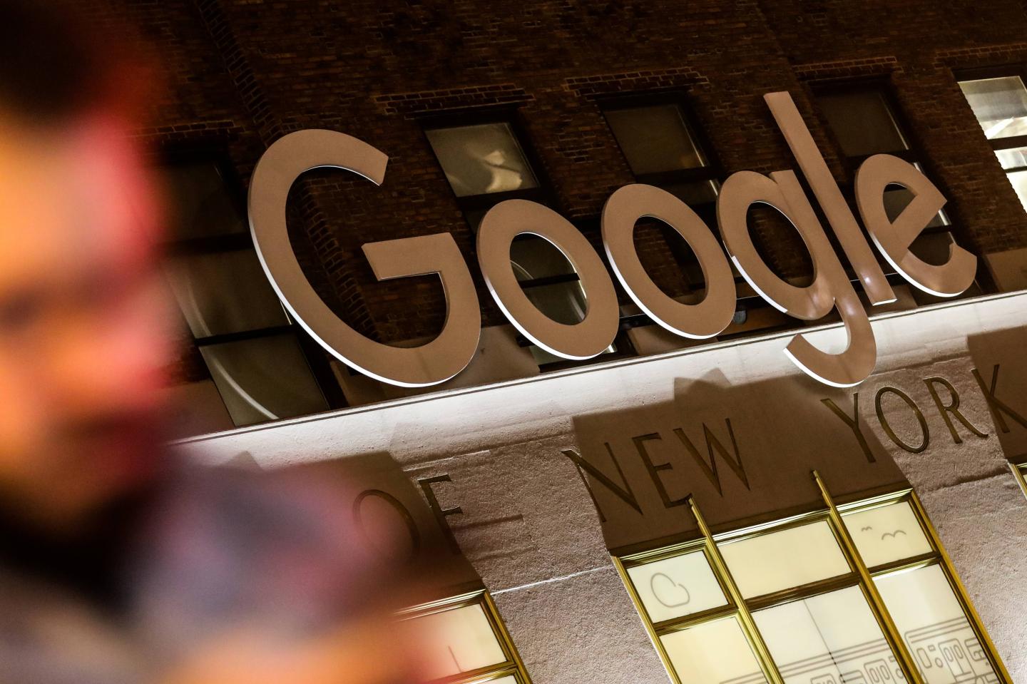 Google signage is seen at Google headquarter in the Manhattan