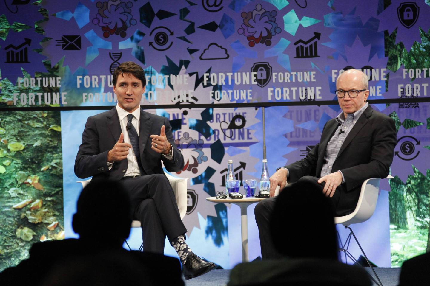 Canada's Prime Minister Justin Trudeau (L) receives an interview from Fortune CEO Alan Murray during last year's Fortune Global Forum.