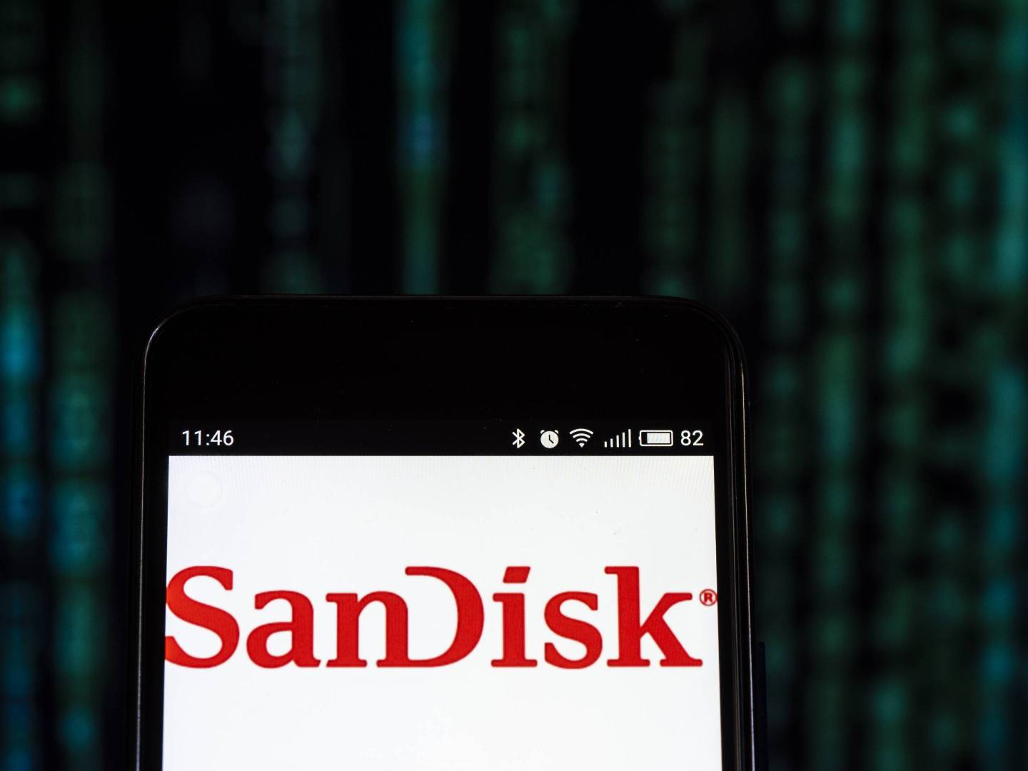 Sandisk logo seen displayed on smart phone. SanDisk