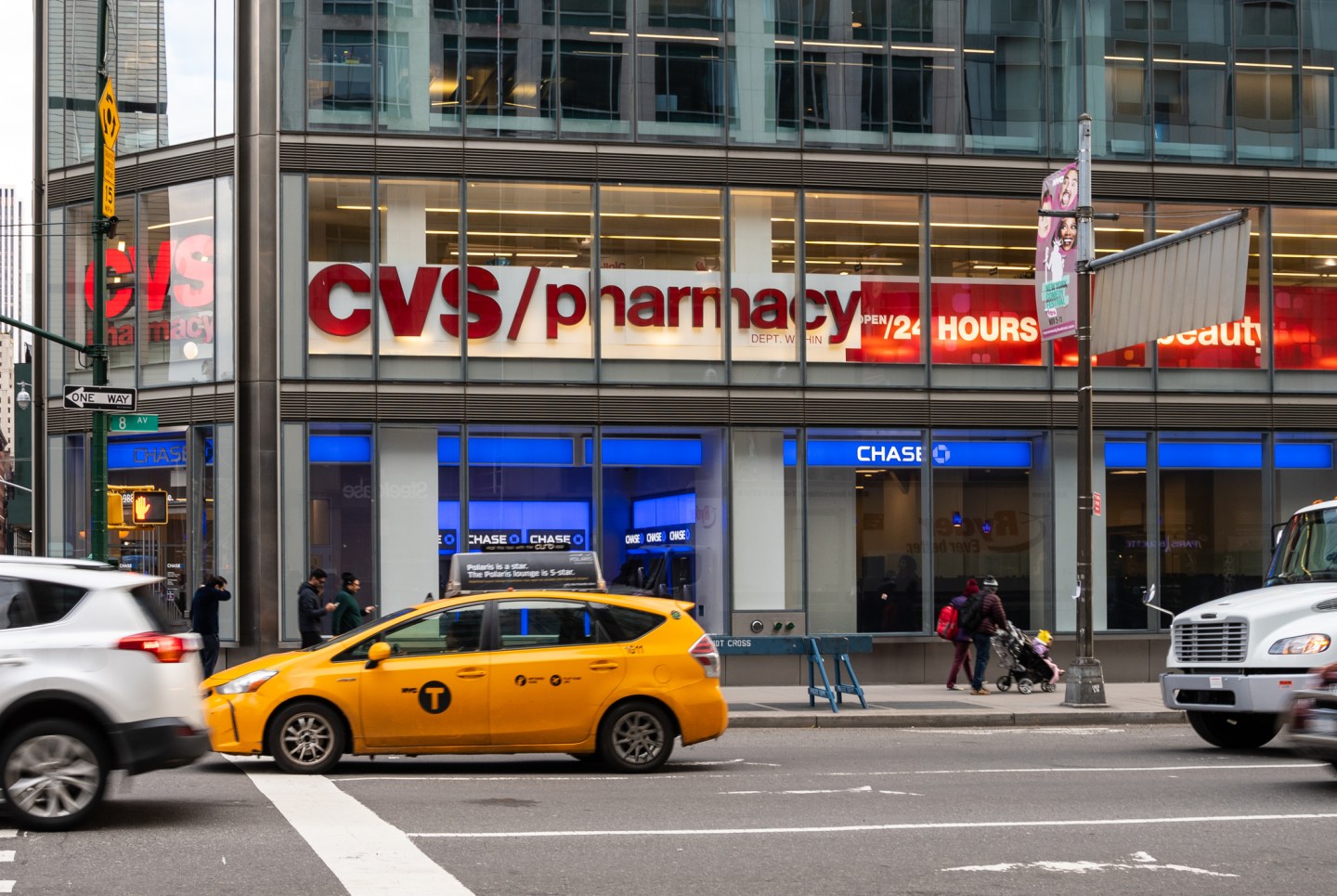 The entrance to CVS pharmacy and Chase bank on 8th Avenue