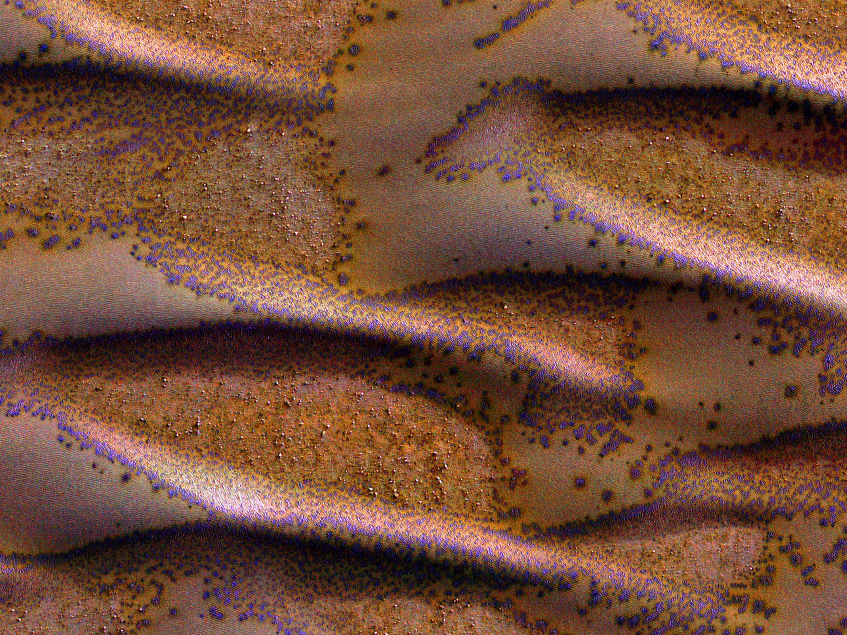 Late winter in the southern hemisphere of Mars showing frost covered sand dunes.