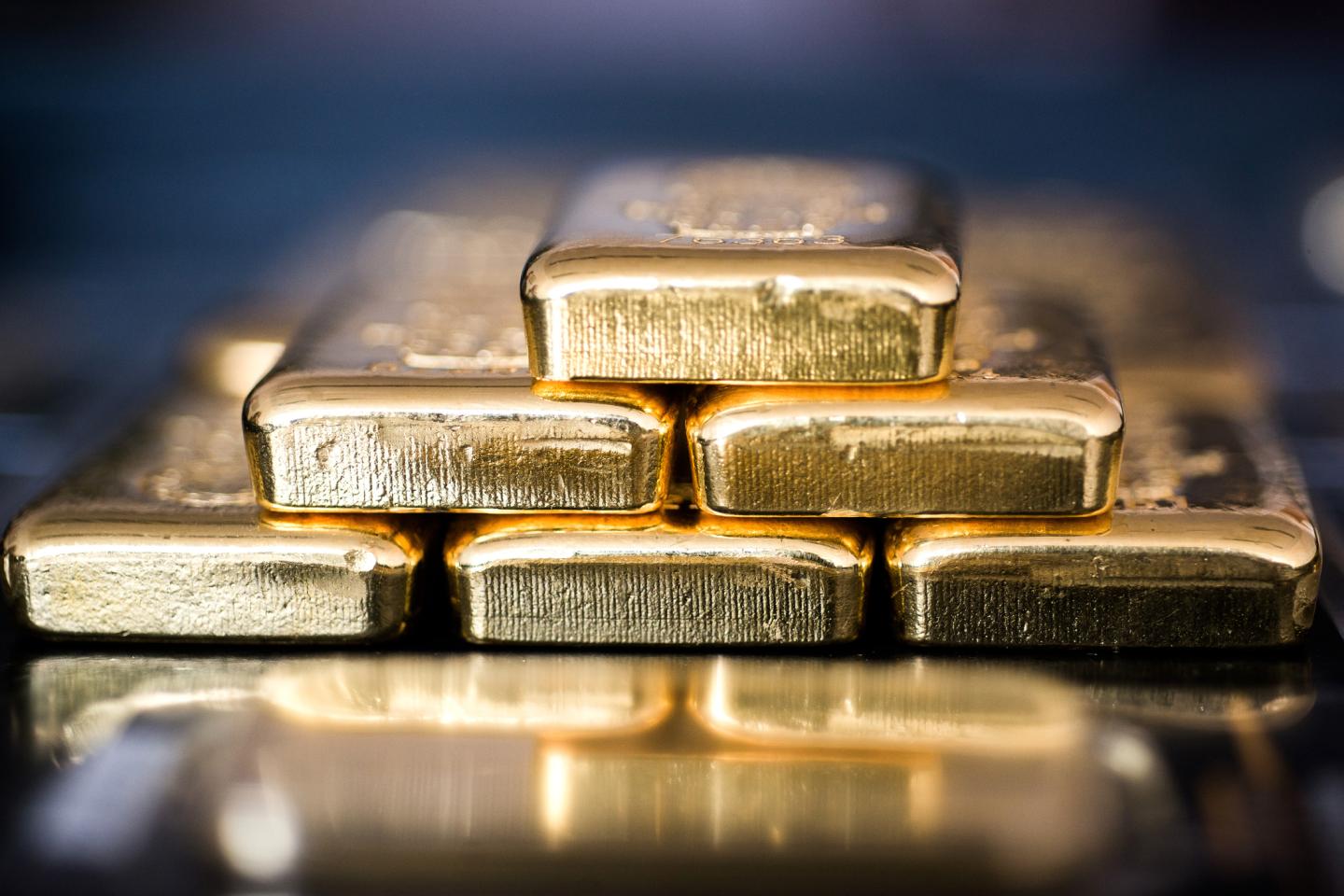 Gold bars sit stacked in Hungary