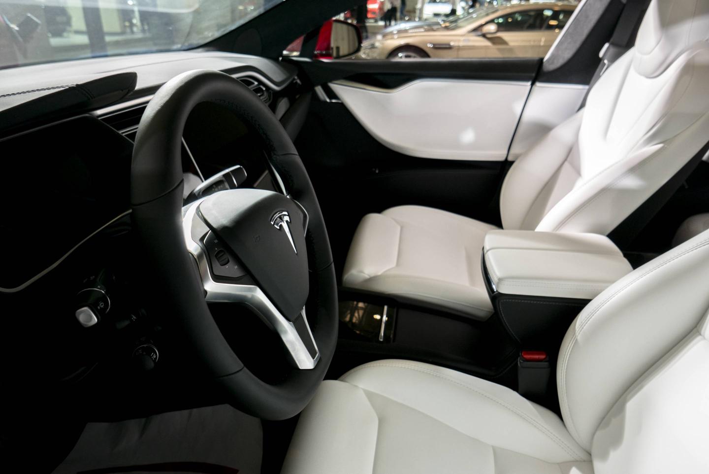 Driver's cabin of a Tesla Model S car on the Auto Expo.   On