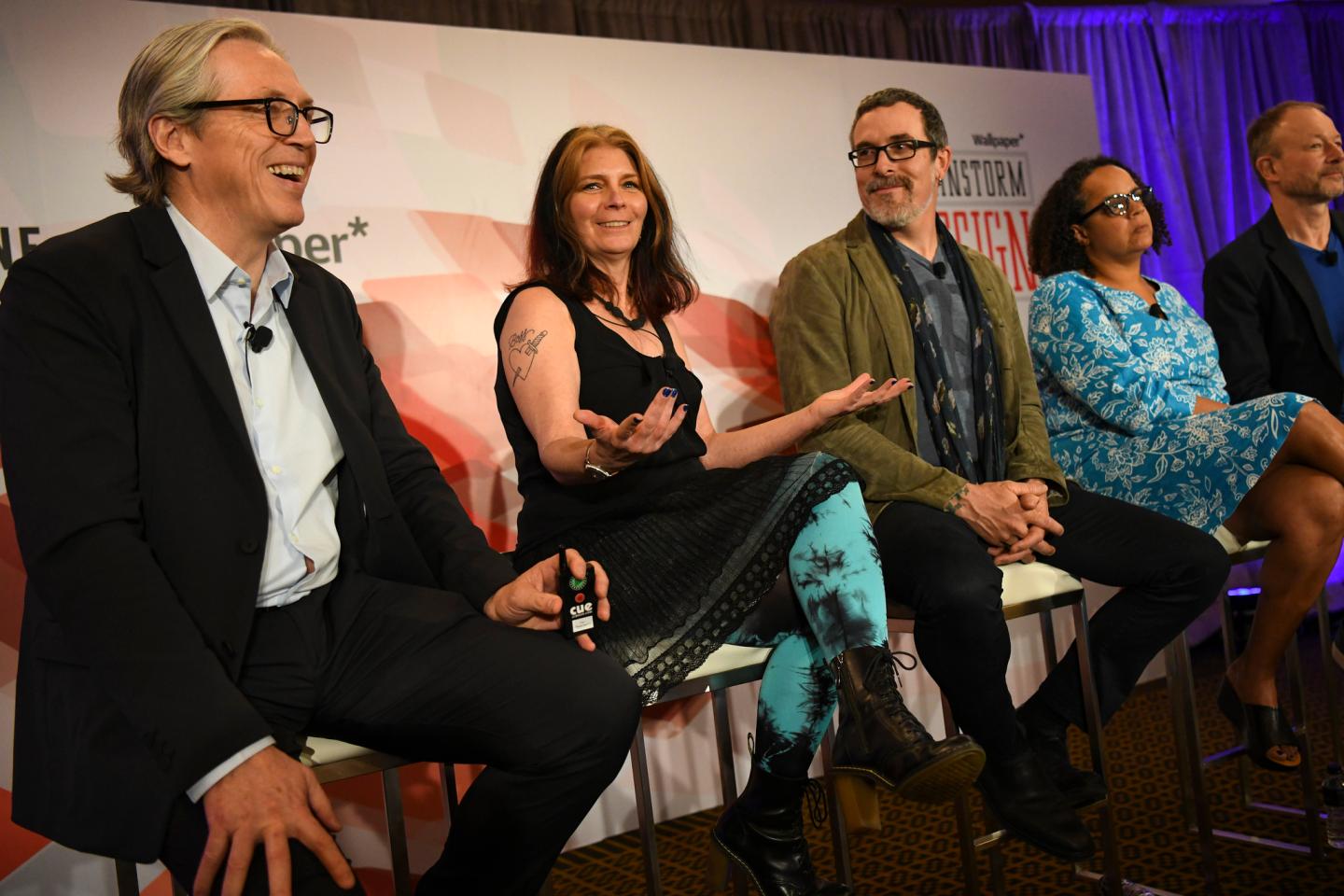 Fortune's Clay Chandler with author Maria Giudice, Justin Maguire of Salesforce, Nalini Kotamraju of Salesforce, and Harry West of Invisible Design at the 2019 Fortune Brainstorm Design conference in Singapore.