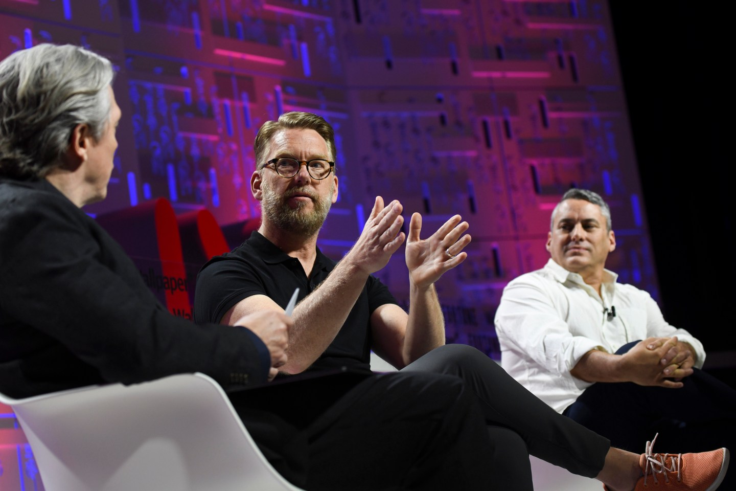 Doug Powell of IBM (middle) and Nathan Shedroff of Seed Vault (right) with Clay Chandler of Fortune at the 2019 Fortune Brainstorm Design conference in Singapore.