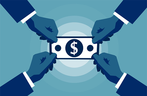 Four Hands reaching to cash paper money dollar sign