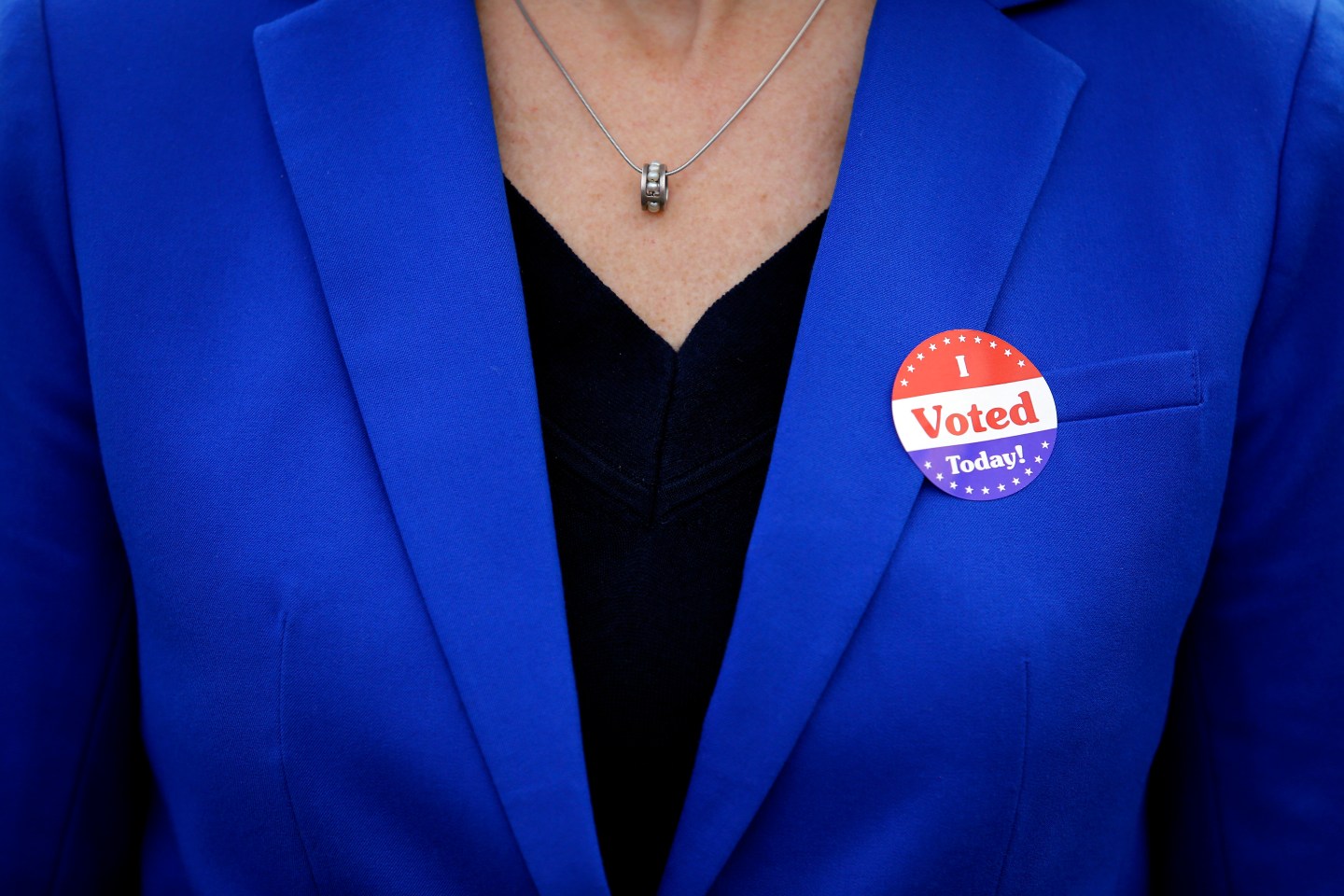 WEST DES MOINES, IA - NOVEMBER 06: Democratic candidate for Iowas 3rd Congressional District Cindy Axne wears a sticker after voting on November 6, 2018 in West Des Moines, Iowa. Axne will challenge Republican incumbent David Young in today's midterm election. (Photo by Joshua Lott/Getty Images)