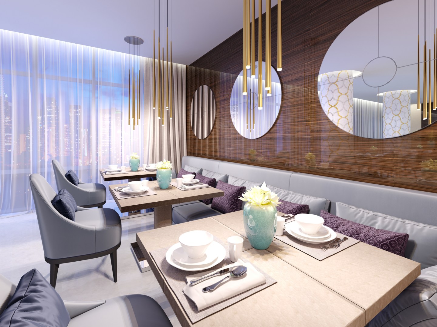 Modern restaurant with wooden decorative wall and round mirrors. Gold pendant lights. Purple sofa and chairs with tables. Served tables.