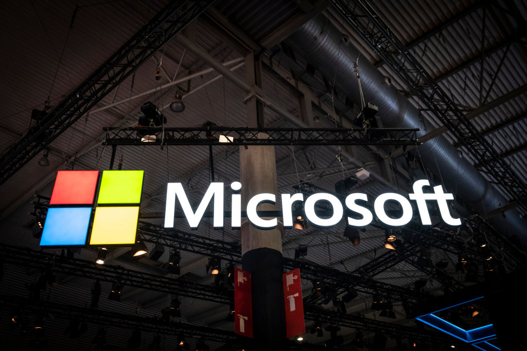 The Microsoft logo is seen during MWC 2019.The MWC2019