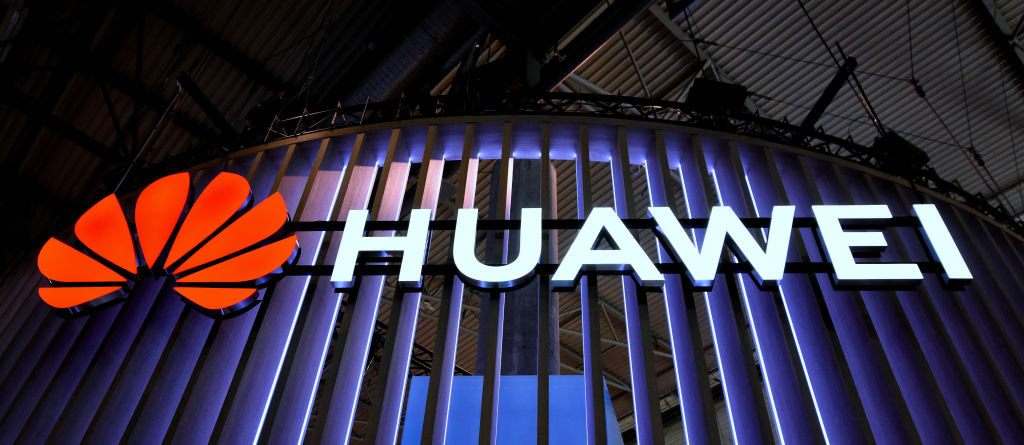 Logo of the Chinese Huawei brand seen during the Mobile