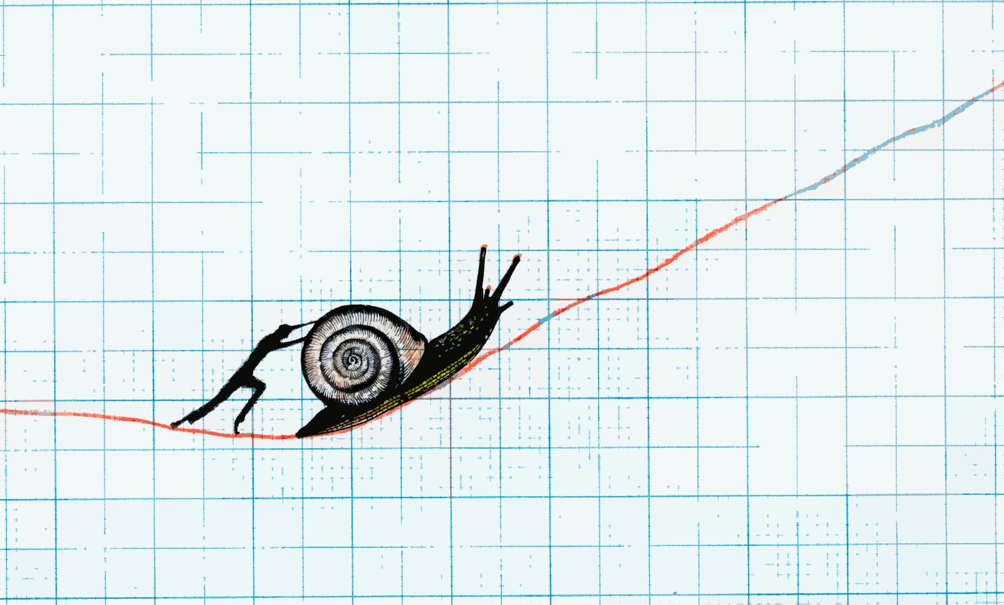 Man pushing snail up slowly ascending line on graph