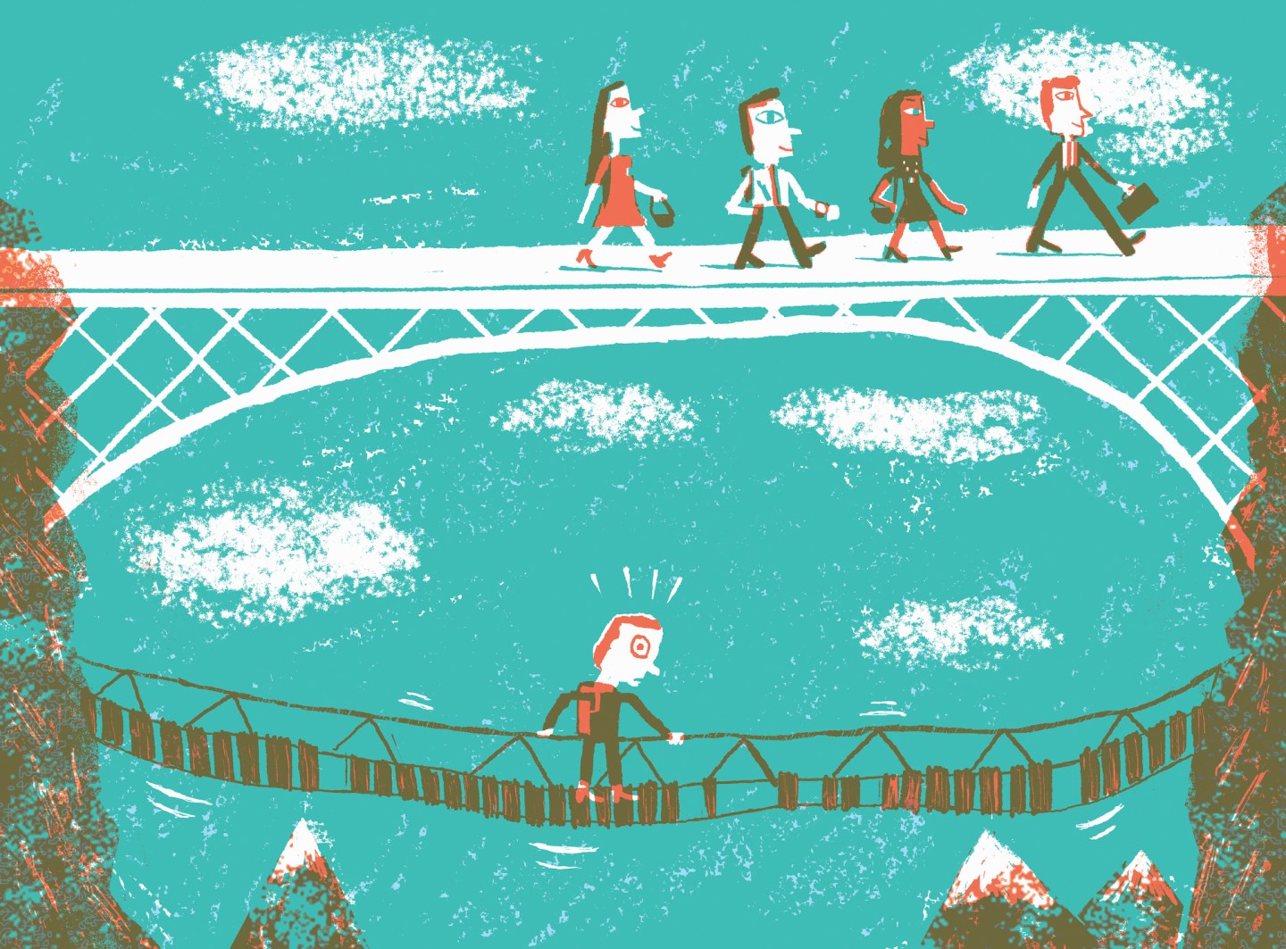 Contrast between confident business people walking across stable bridge and scared man on rickety bridge