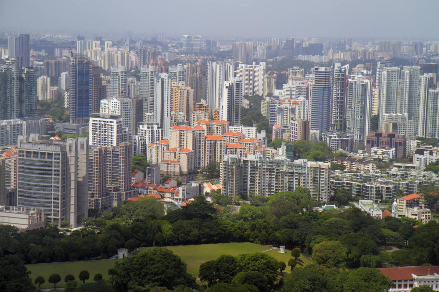An aerial view of Singapores city skyline.