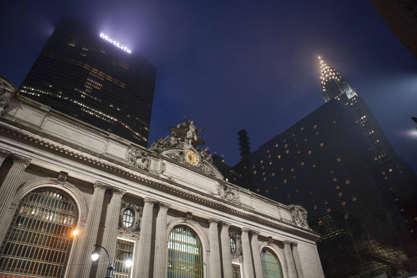 Low Angle View of Grand Central Terminal at Night, Met Life and Chrysler Buildings in Background, New York City, New York, USA