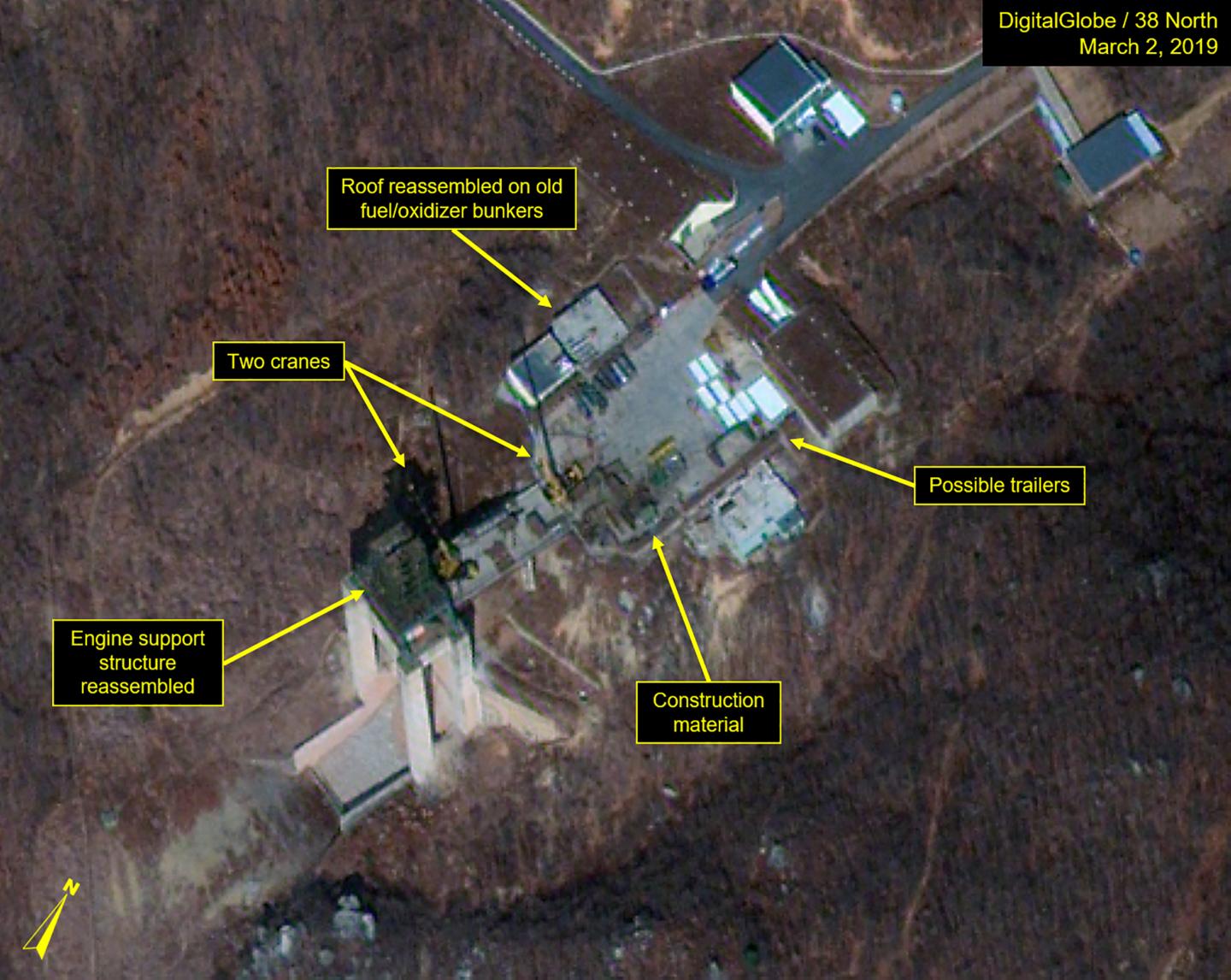 SOHAE SATELLITE LAUNCH PAD, NORTH KOREA - MARCH 2, 2018: Figure 2. Engine support structure of the engine test stand is being reassembled.