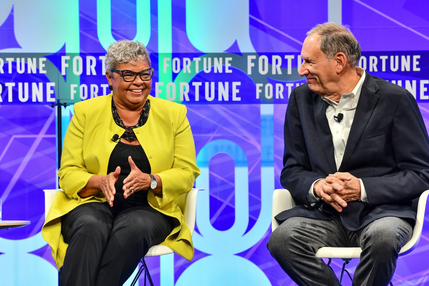 Freda Lewis-Hall of Pfizer and Toby Cosgrove of the Cleveland Clinic and Google Cloud at the 2019 Coins2Day Brainstorm Health conference in San Diego.