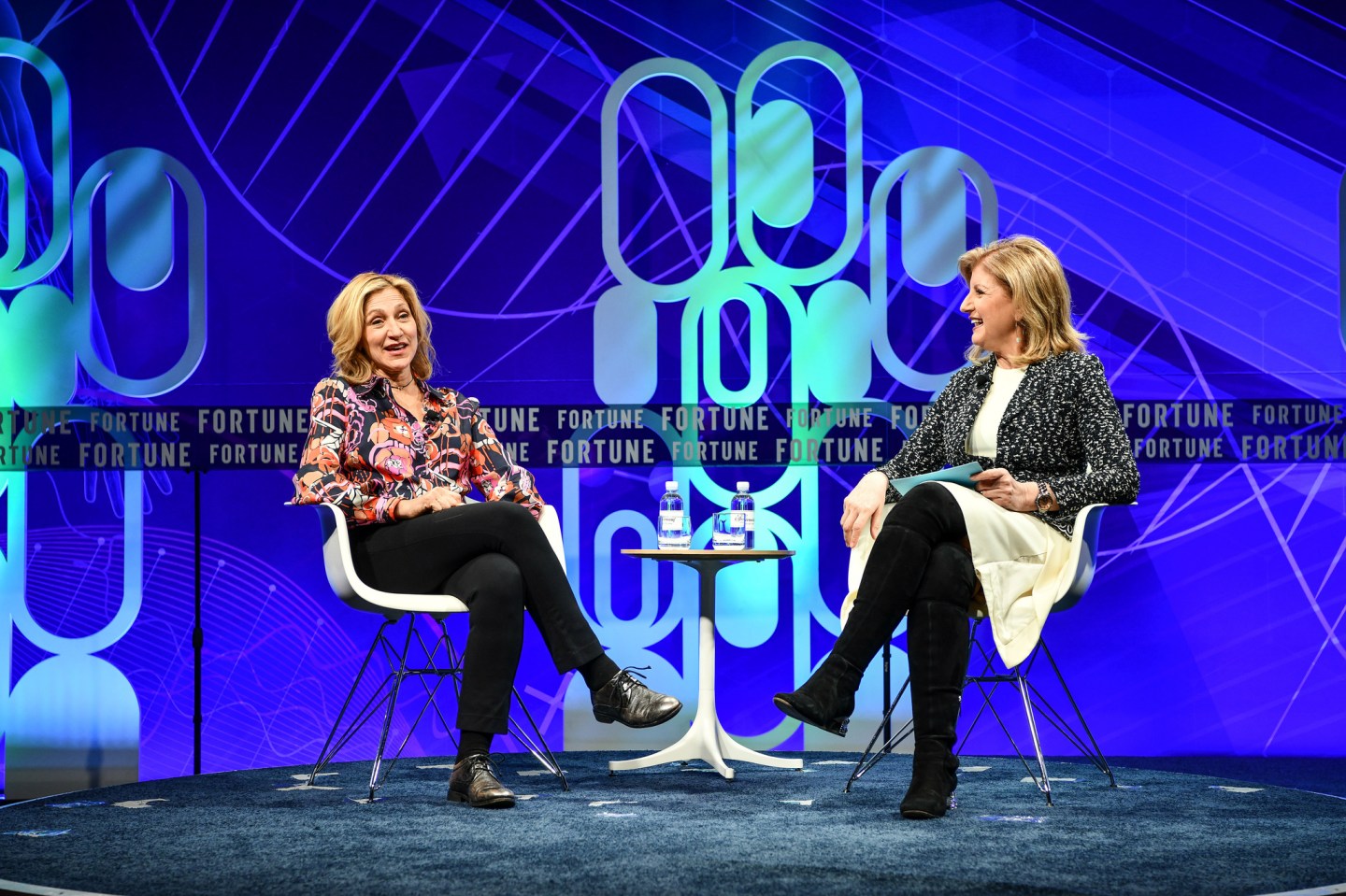 Actor Edie Falco, with Thrive Global CEO Arianna Huffington, at the 2019 Fortune Brainstorm Health conference in San Diego.