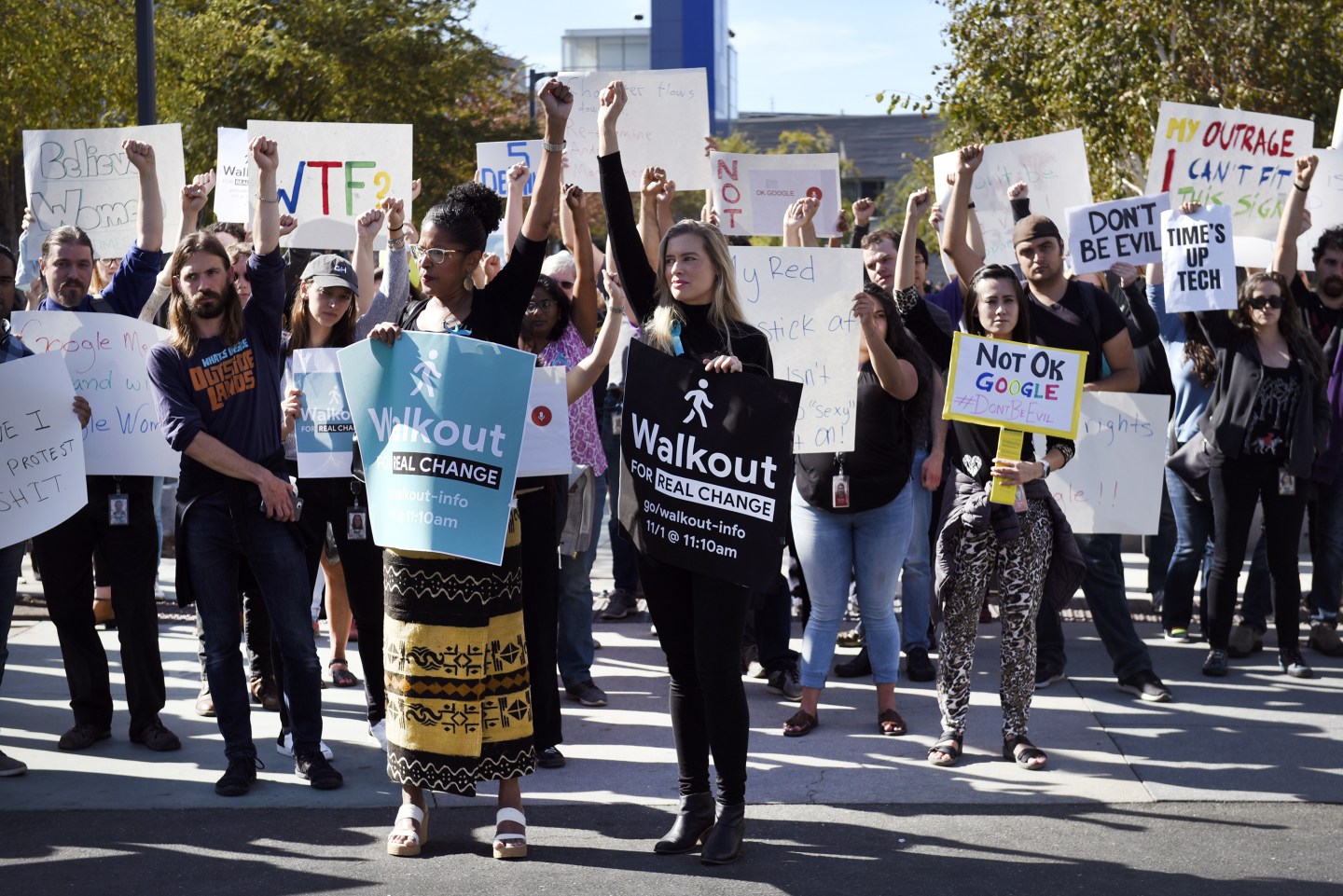 Google employees hold signs during a walkout in November to protest how the tech giant handled sexual misconduct.