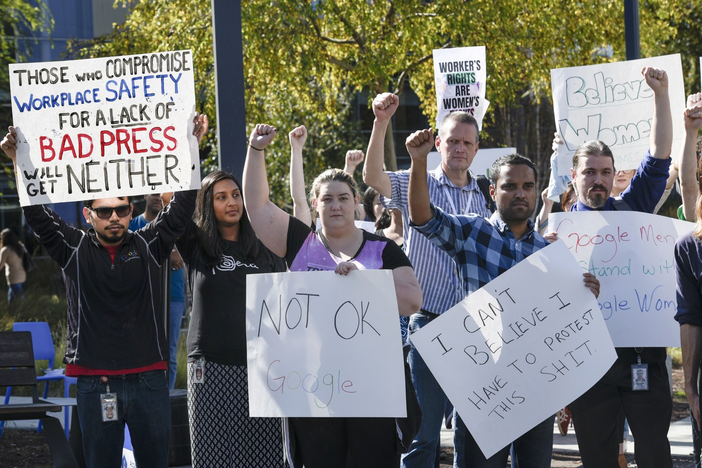 Google employees hold signs during a walkout in November to protest how the tech giant handled sexual misconduct.