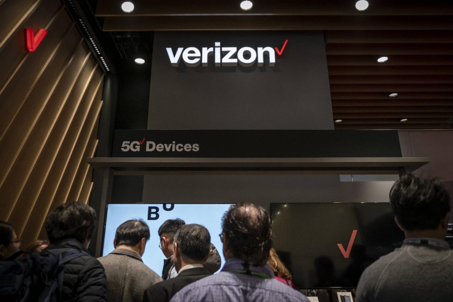 The Verizon logo is seen during MWC 2019.The MWC2019 Mobile