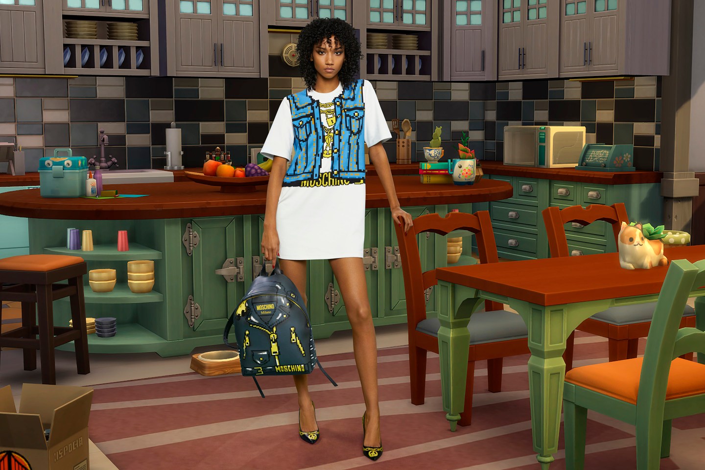 model (right) wearing an in-game and IRL top from the Sims and Moschino capsule collection. Moschino
