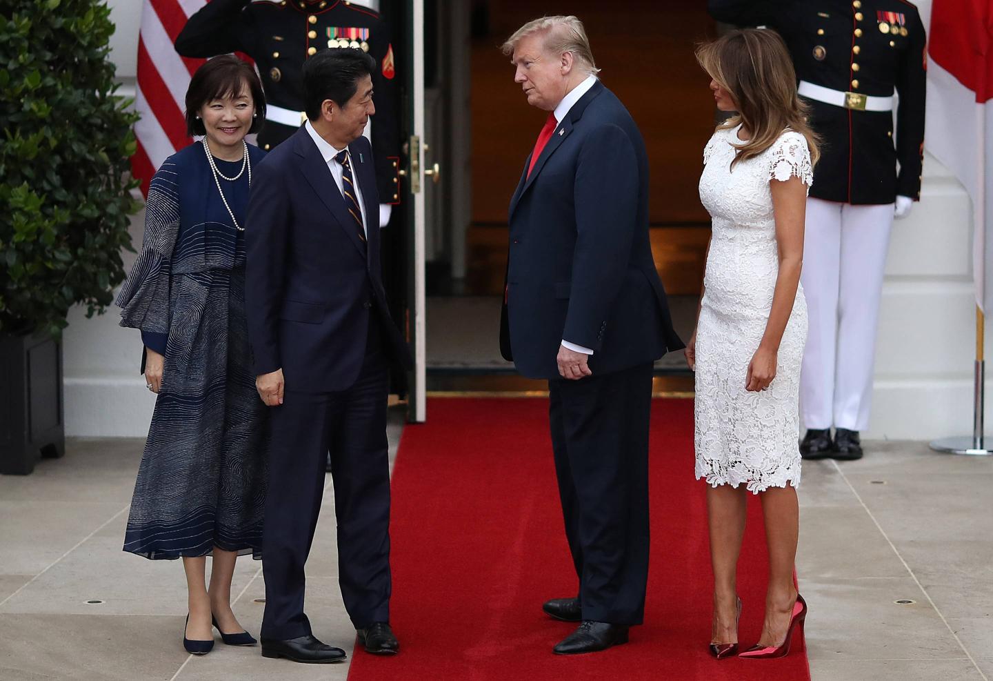 President Trump And First Lady Melania Receive Prime Minister Of Japan Abe And Mrs. Abe At White House For Dinner