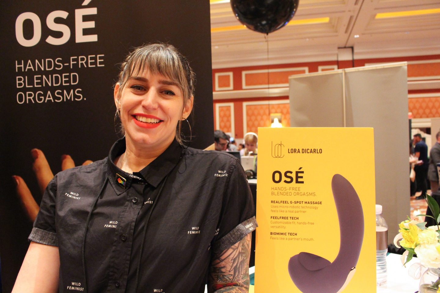 EDITORS NOTE: Graphic content / Evie Smith of startup Lora DiCarlo promotes Ose robotic sexual stimulator for women at an event near the Consumer Electronics Show, where she was not allowed to exhibit, in Las Vegas on January 8, 2019. - From the printing press and the VCR to virtual reality sex, adult entertainment has always been a major catalyst driving innovation and reshaping technology for the benefit of the porn pioneer. And for the thousands of tech nerds at the annual Consumer Electronics Show in Las Vegas, that means the intelligent toasters and AI vacuum cleaners are having to make room for the sex toys of the future. Among the innovations at this year's get-together, run by the Consumer Technology Association (CTA), are an augmented strip club complete with virtual pole dancers and a "personal massager" you can operate from your smart watch. (Photo by Glenn CHAPMAN / AFP) (Photo credit should read GLENN CHAPMAN/AFP/Getty Images)