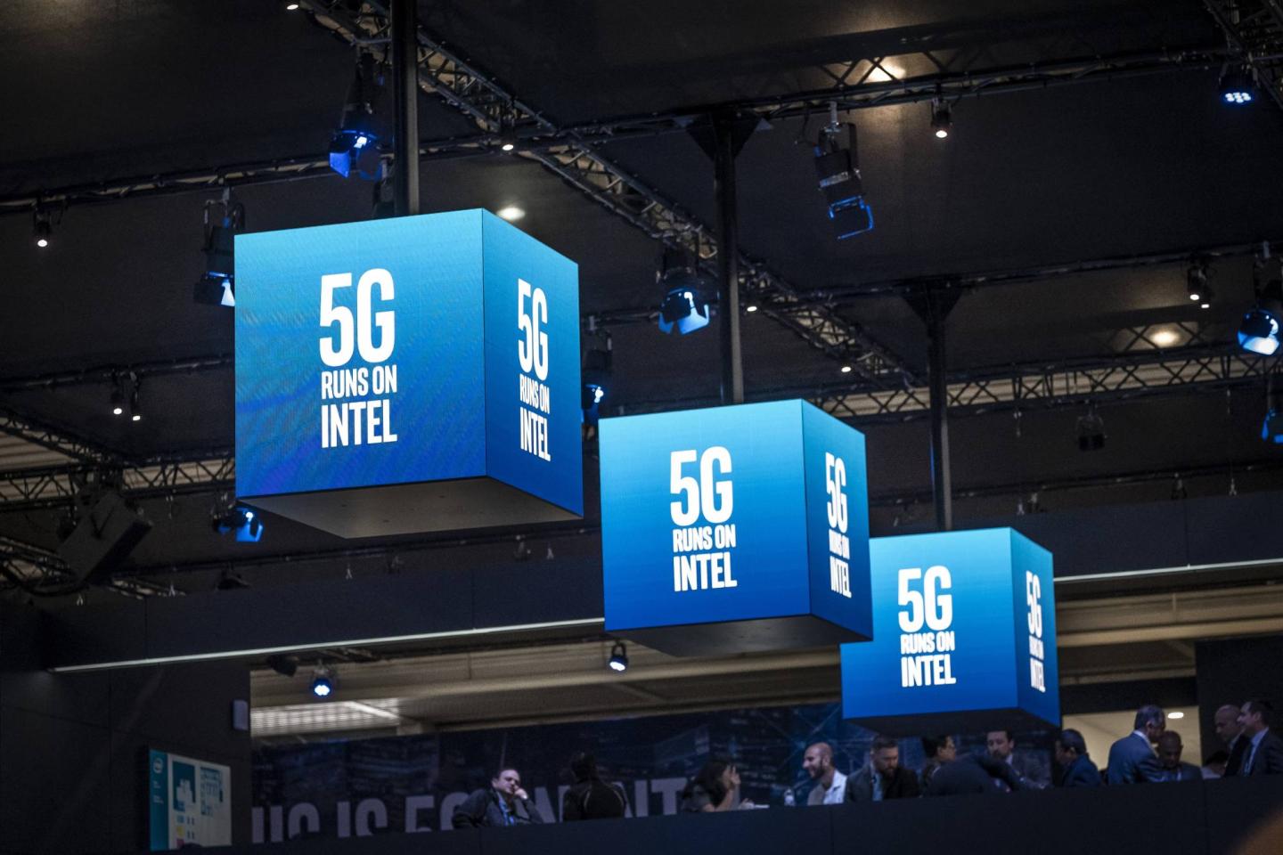The 5G logo of Intel is seen during the MWC2019.The MWC2019