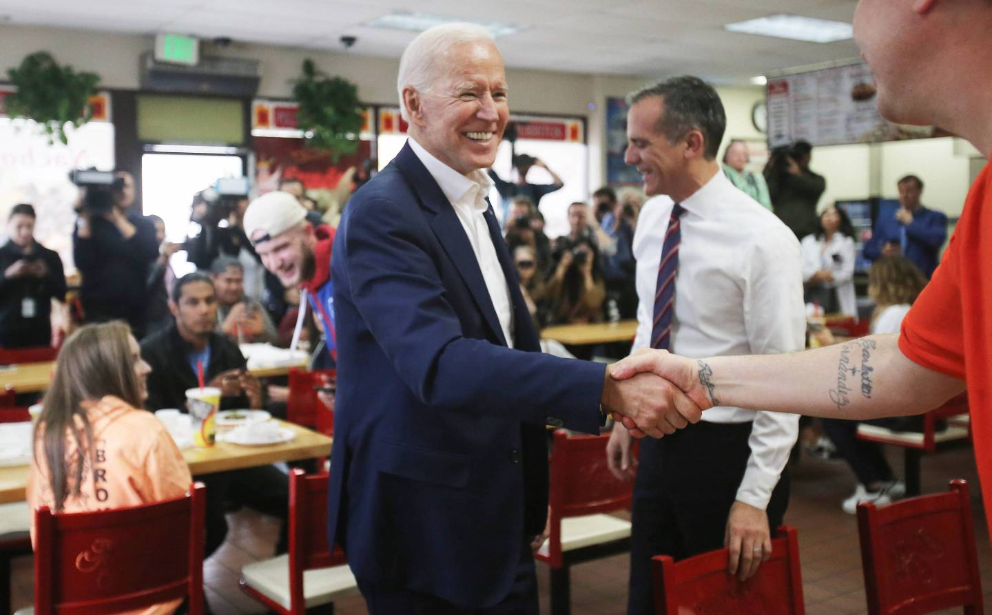 Democratic Presidential Candidate Joe Biden Meets With Voters In Los Angeles With L.A. Mayor Eric Garcetti
