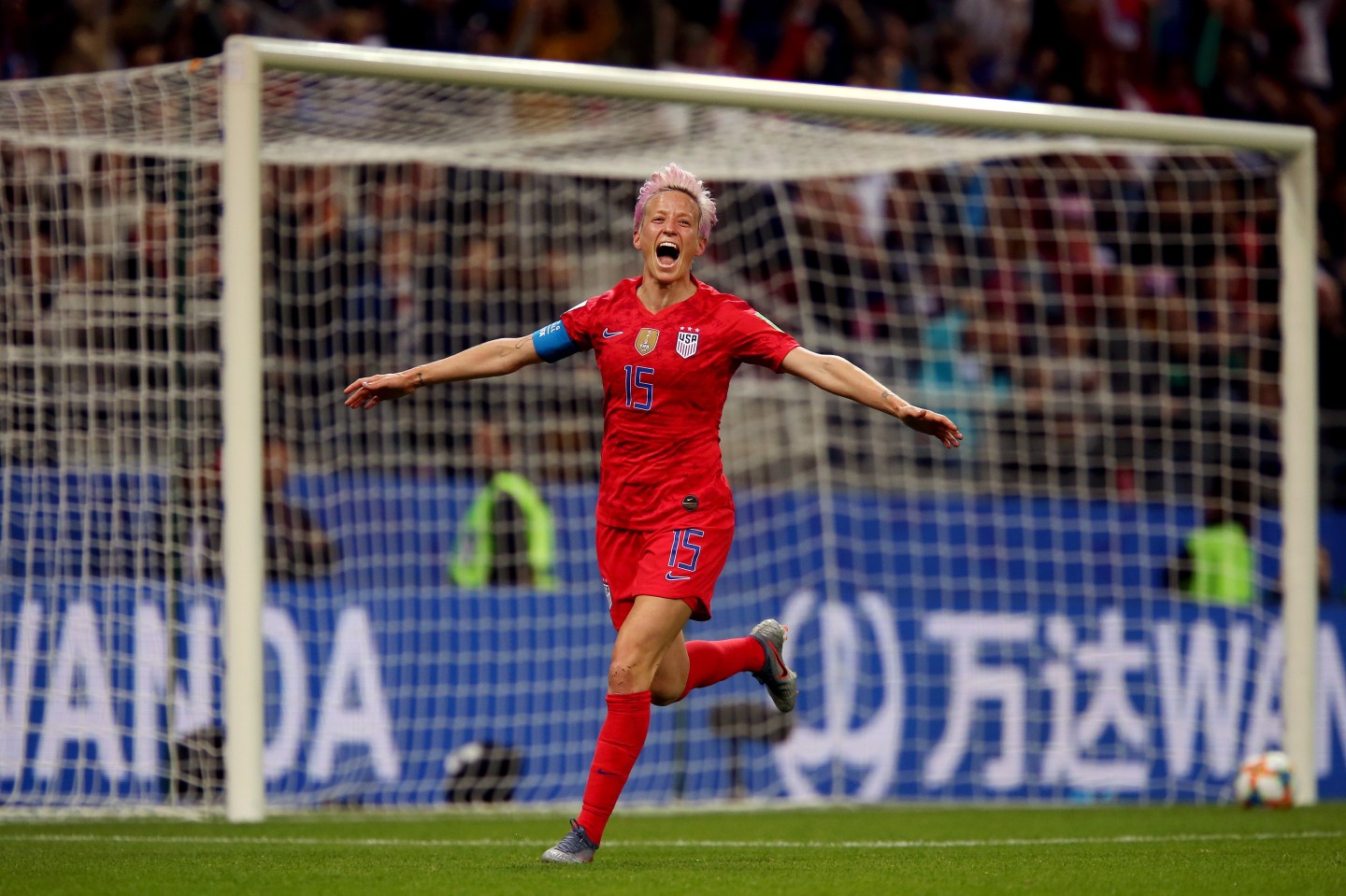 REIMS, FRANCE - JUNE 11: Megan Rapinoe of the USA celebrates after scoring her team's ninth goal during the 2019 FIFA Women's World Cup France group F match between USA and Thailand at Stade Auguste Delaune on June 11, 2019 in Reims, France.