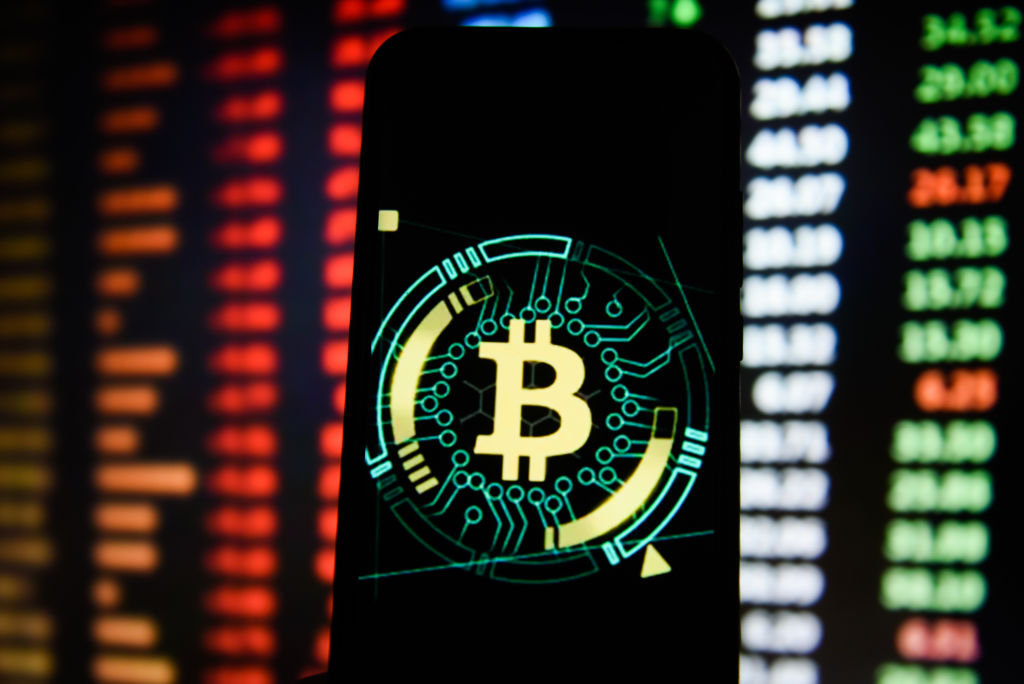 Bitcoin logo is seen on an android mobile phone