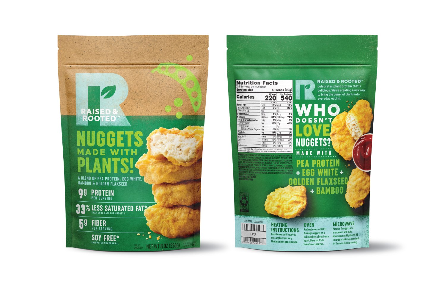 Raised & Rooted Nuggets Made with Plants Packaging