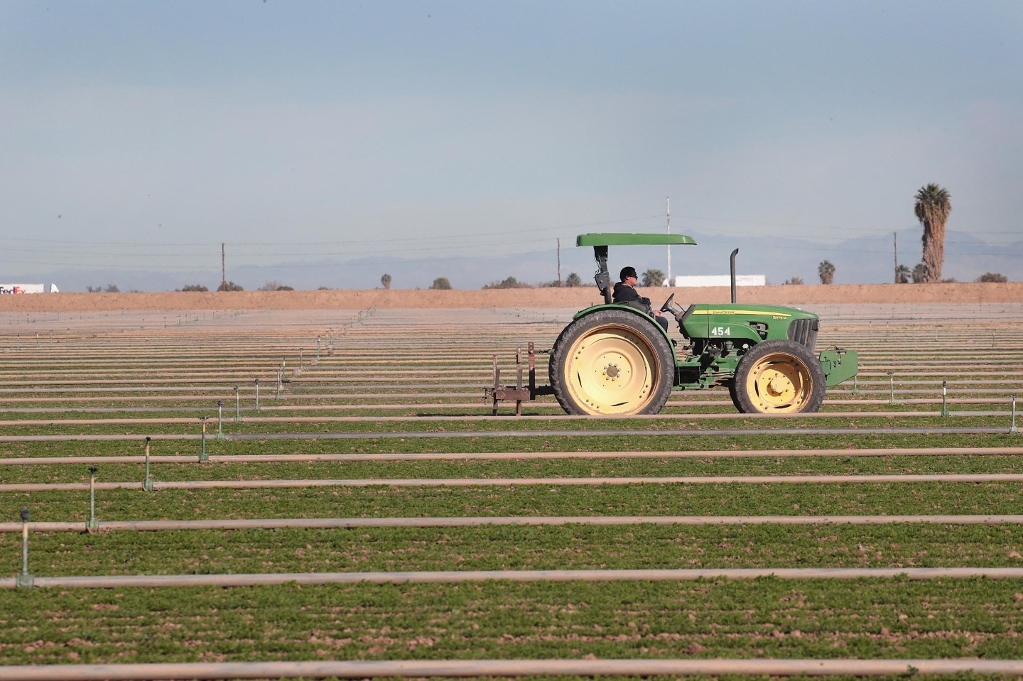 A farm worker drives a tractor through his field