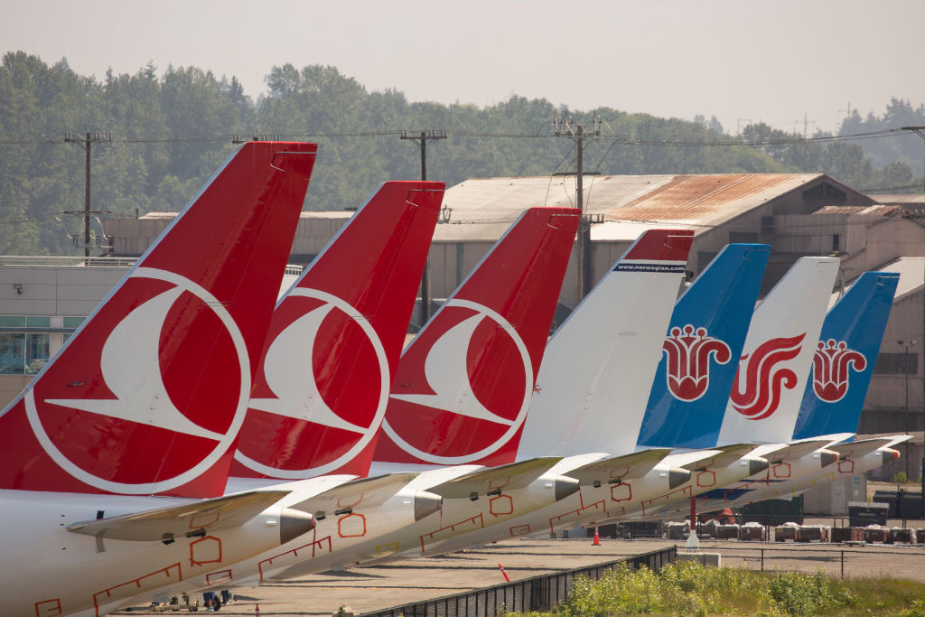 The tails of Boeing 737 MAX airplanes are seen as they sit parked at a Boeing facility adjacent to King County International Airport, known as Boeing Field, on May 31, 2019 in Seattle, Washington.