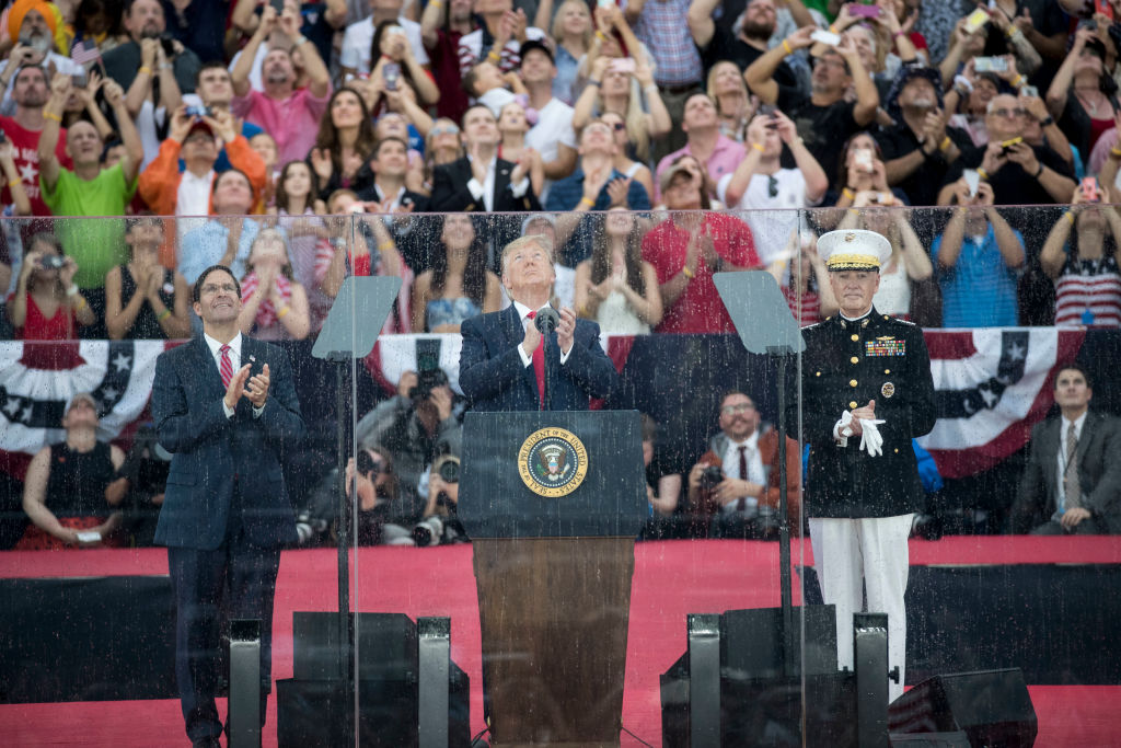 President Donald Trump looks at flyover at July 4 event