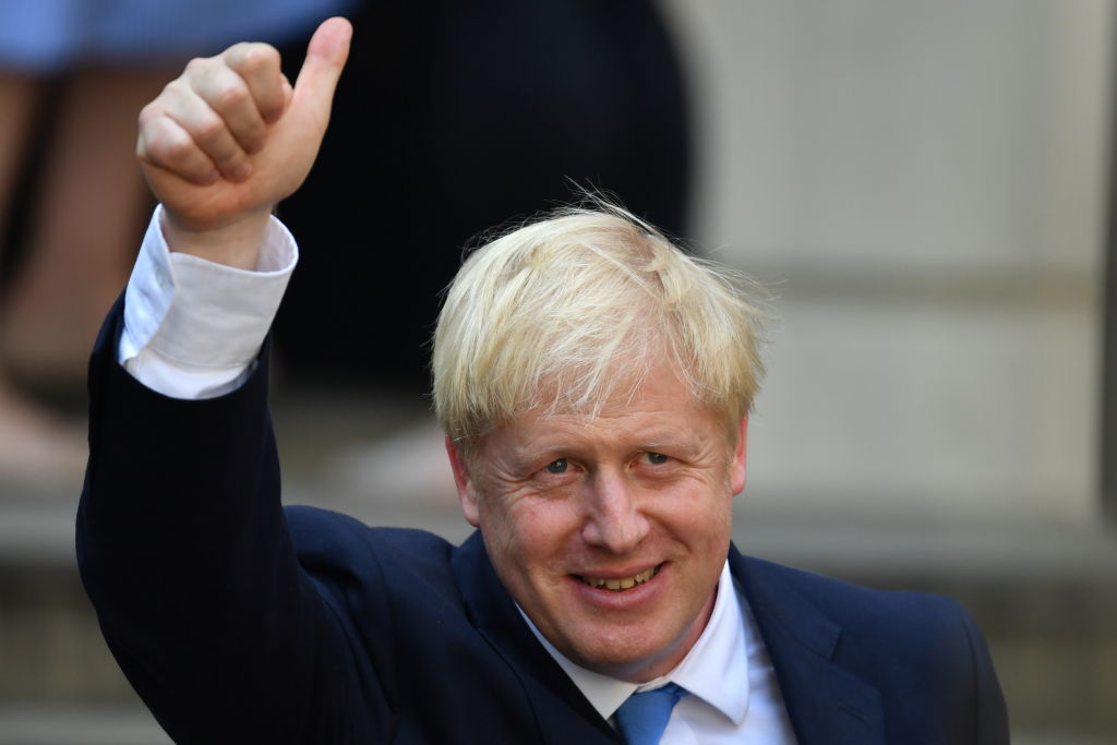 Newly elected leader of the Conservative party Boris Johnson at Conservative party HQ in Westminster on July 23, 2019 in London, England, after becoming leader of the Conservative party and the U.K.'s new prime minister.