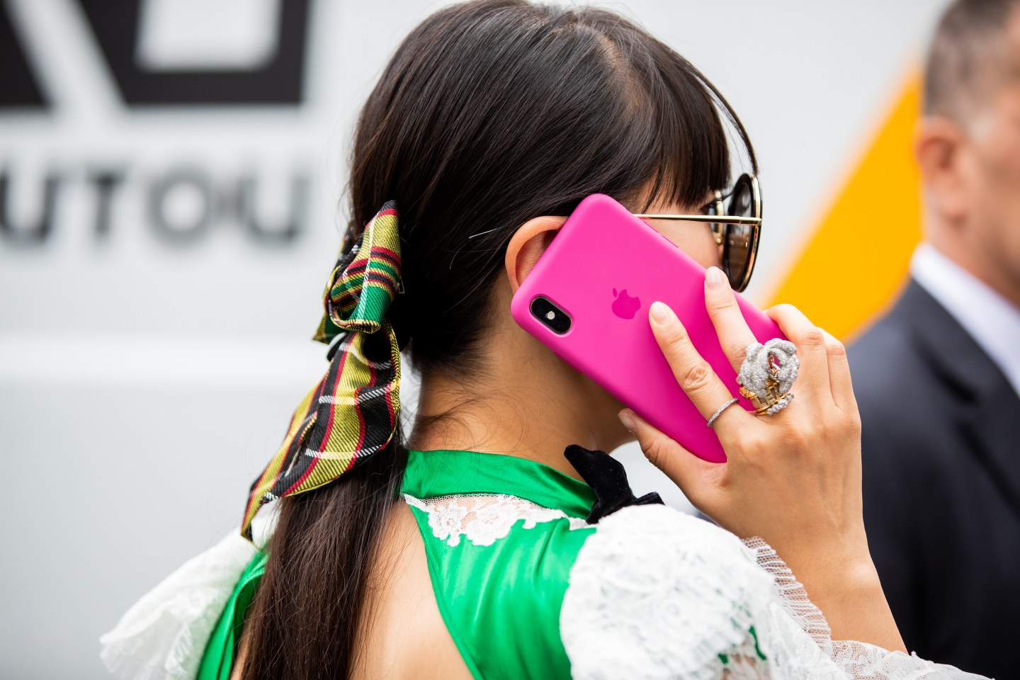 PARIS, FRANCE - JULY 01: Leaf Greener is seen with pink iphone wearing bow tie outside Schiaparelli during Paris Fashion Week - Haute Couture Fall/Winter 2019/2020 on July 01, 2019 in Paris, France. (Photo by )