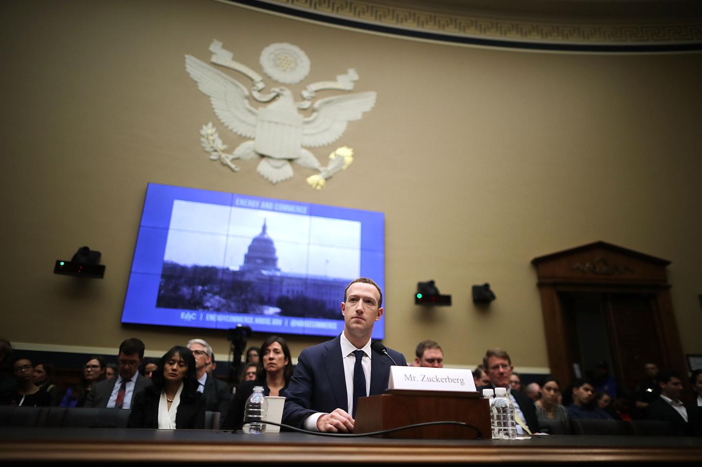 WASHINGTON, DC - APRIL 11: Facebook co-founder, Chairman and CEO Mark Zuckerberg testifies before the House Energy and Commerce Committee in the Rayburn House Office Building on Capitol Hill April 11, 2018 in Washington, DC. This is the second day of testimony before Congress by Zuckerberg, 33, after it was reported that 87 million Facebook users had their personal information harvested by Cambridge Analytica, a British political consulting firm linked to the Trump campaign. (Photo by Chip Somodevilla/Getty Images)