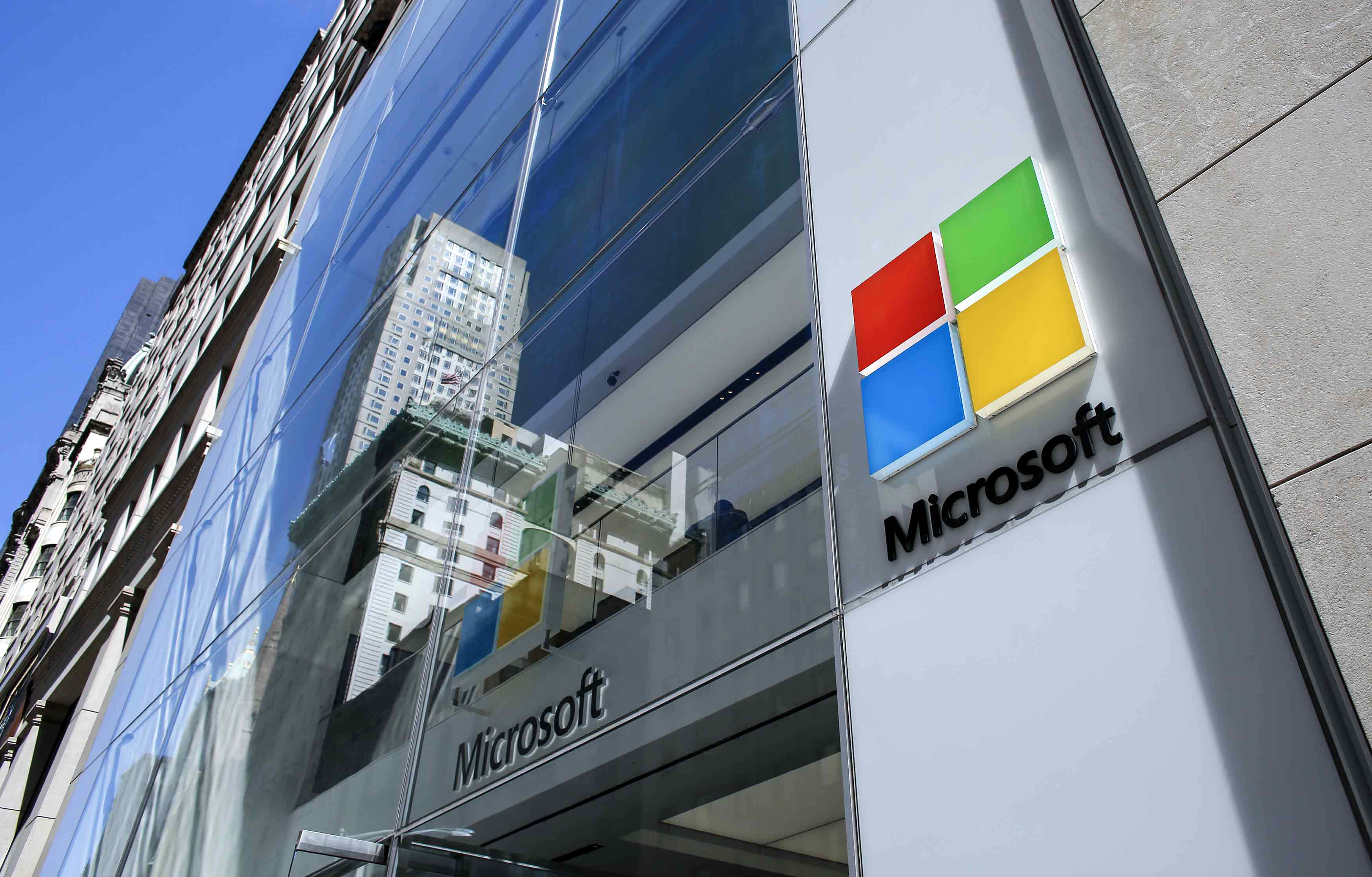 The exterior of a building with the Microsoft logo on it