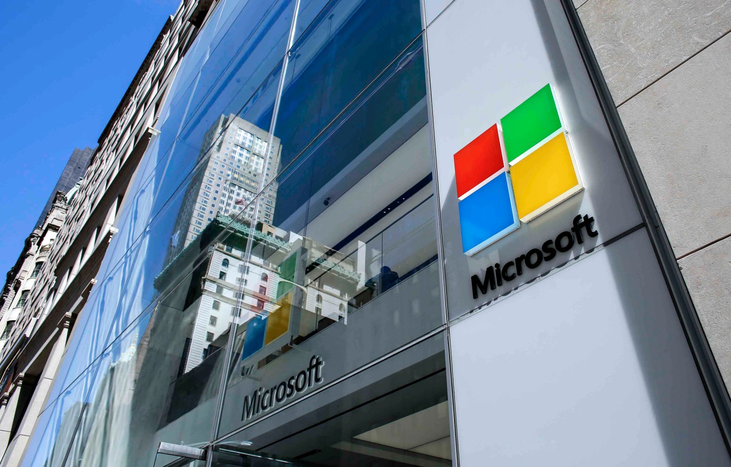 The exterior of a building with the Microsoft logo on it