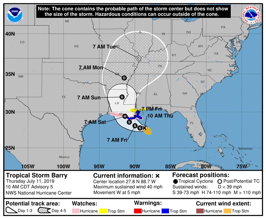 Tropical Storm Barry's path, as predicted at 11am on July 11