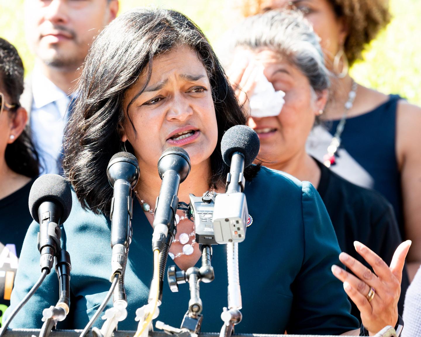 WASHINGTON, D C , UNITED STATES - 2019/07/15: U.S. Representative Pramila Jayapal (D-WA) speaking about the National Domestic Workers Bill of Rights at the Capitol in Washington, DC. (Photo by Michael Brochstein/SOPA Images/LightRocket via Getty Images)
