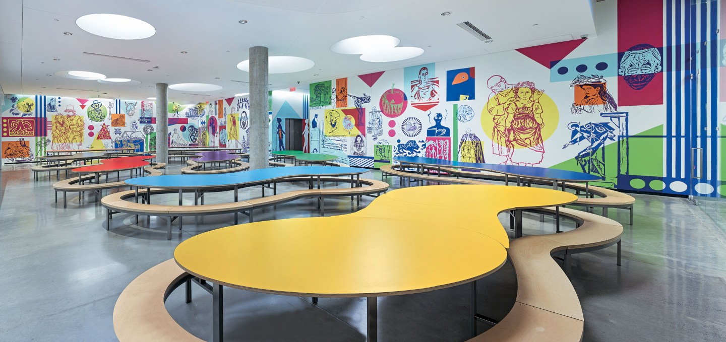 The Montreal Museum of Fine Arts: Rainbow Hall at the Michal and Renata Hornstein Pavilion for Peace, filled with murals by the art collective MU.
