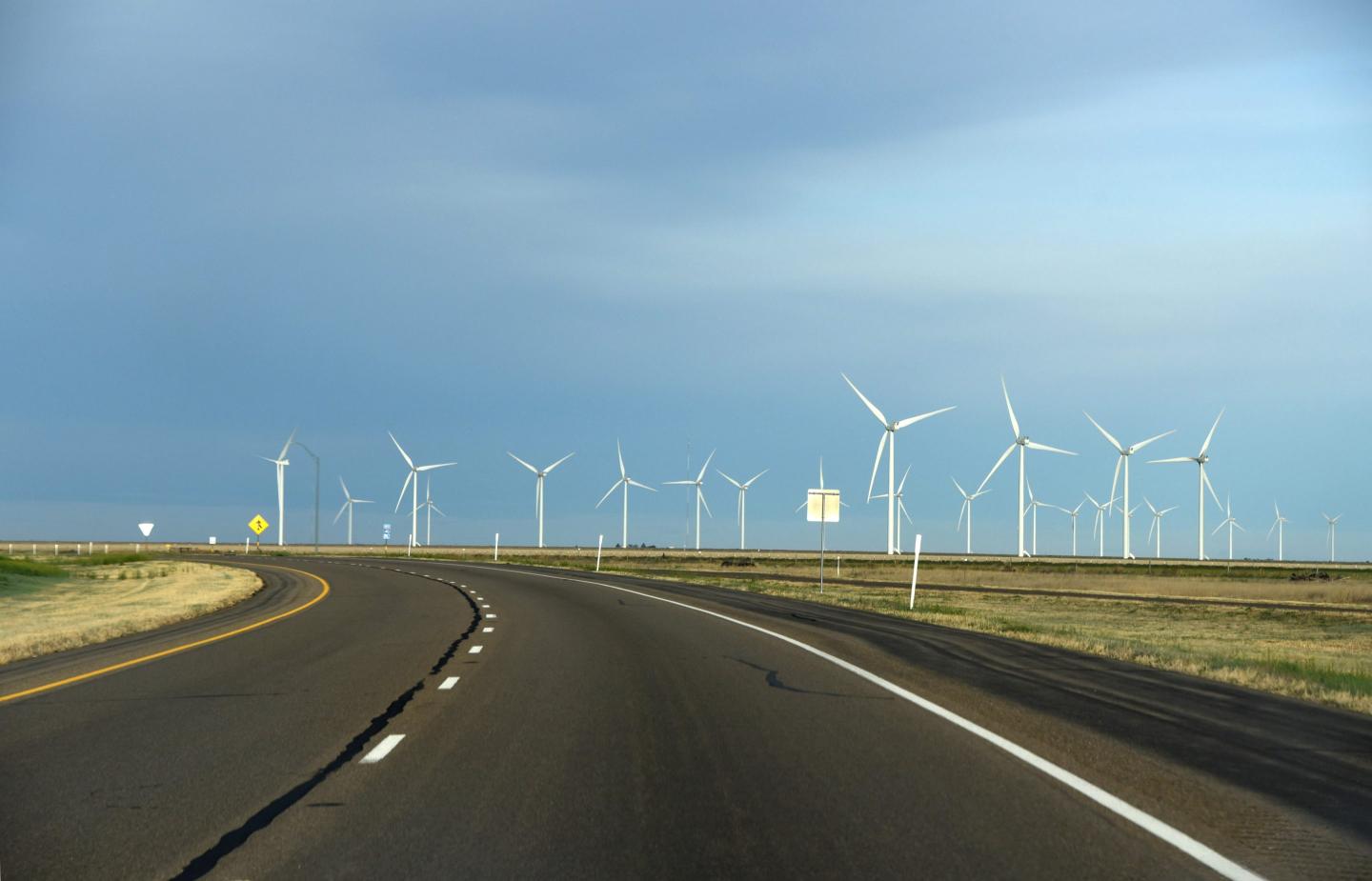 A wind farm off the highway in Adrian, Texas.