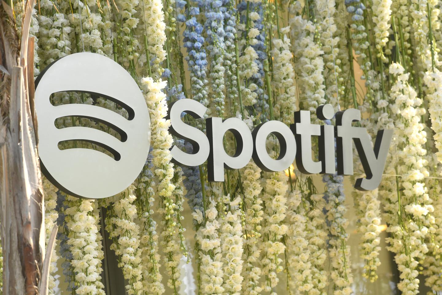 Silver spotify logo hangs among flowers