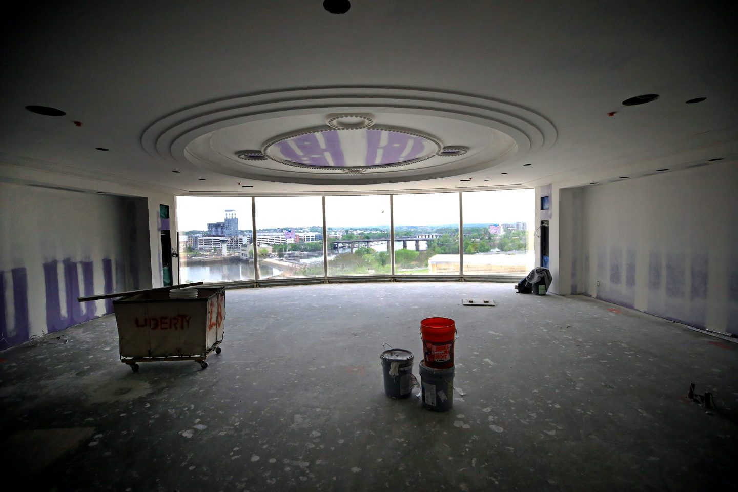 Construction takes place on a guest room at the Encore Boston Harbor casino hotel in Everett, MA on May 22, 2018.
