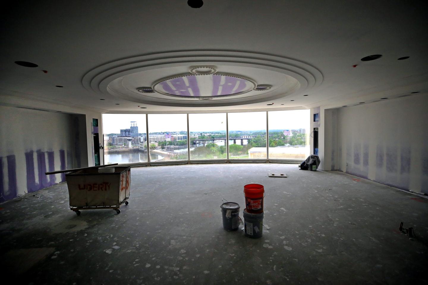 Construction takes place on a guest room at the Encore Boston Harbor casino hotel in Everett, MA on May 22, 2018.